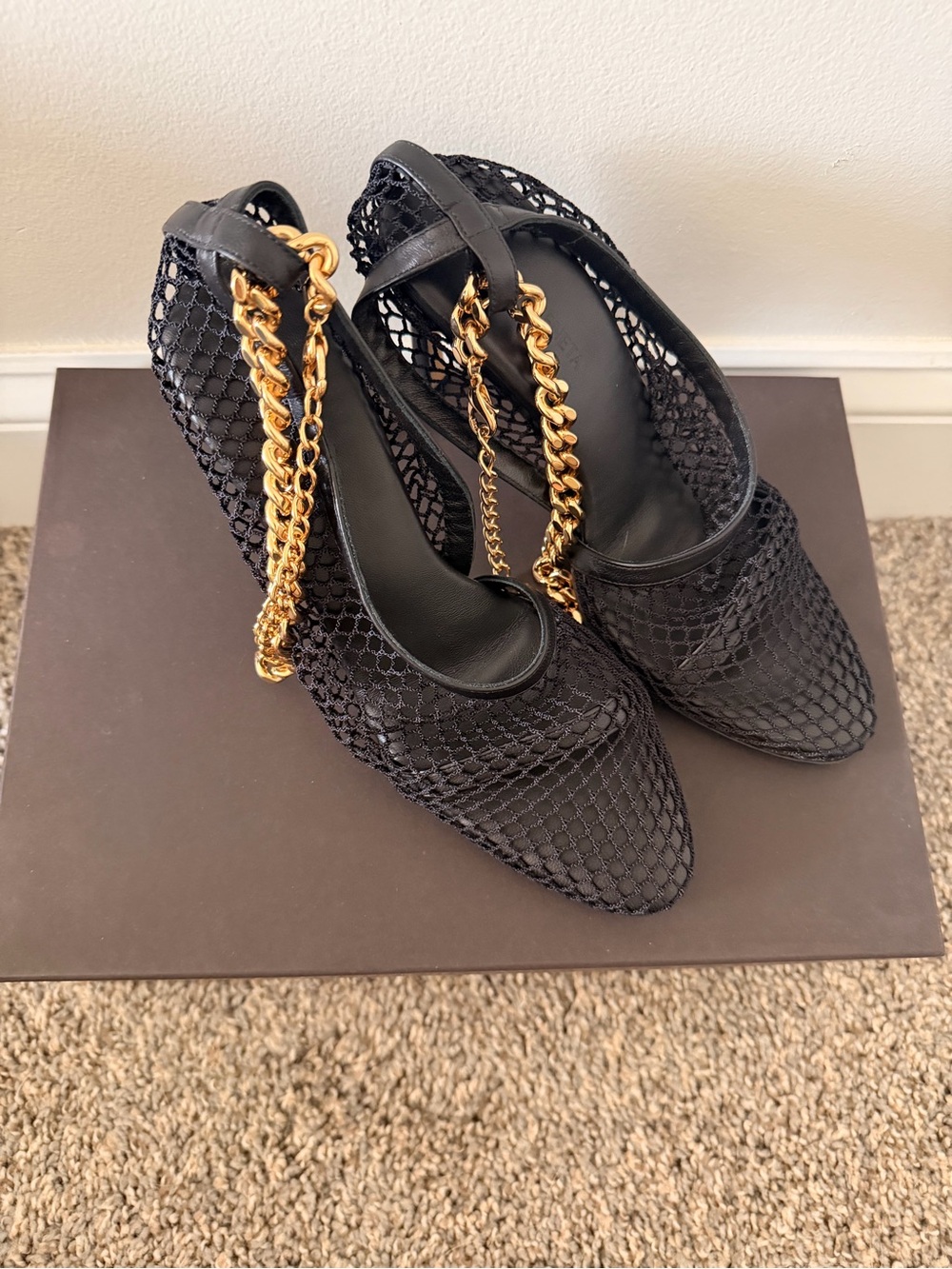 Bottega Veneta Black Net Heels with Gold Chain